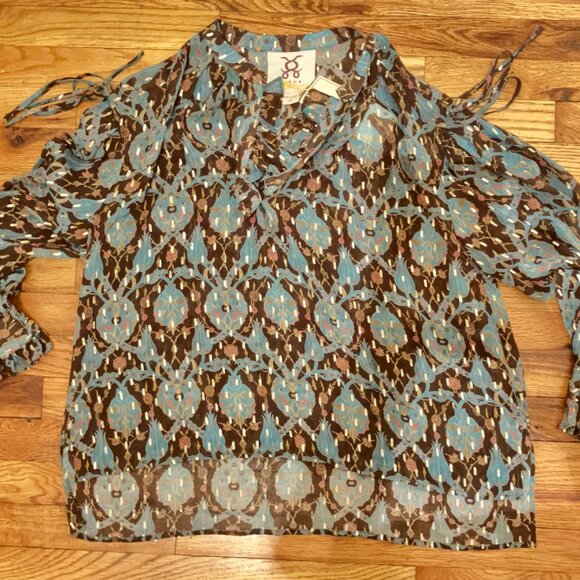 RARE FIGUE long sleeve "poet" blouse, ruffled, silk with metallic thread, S-M - Picture 2 of 6